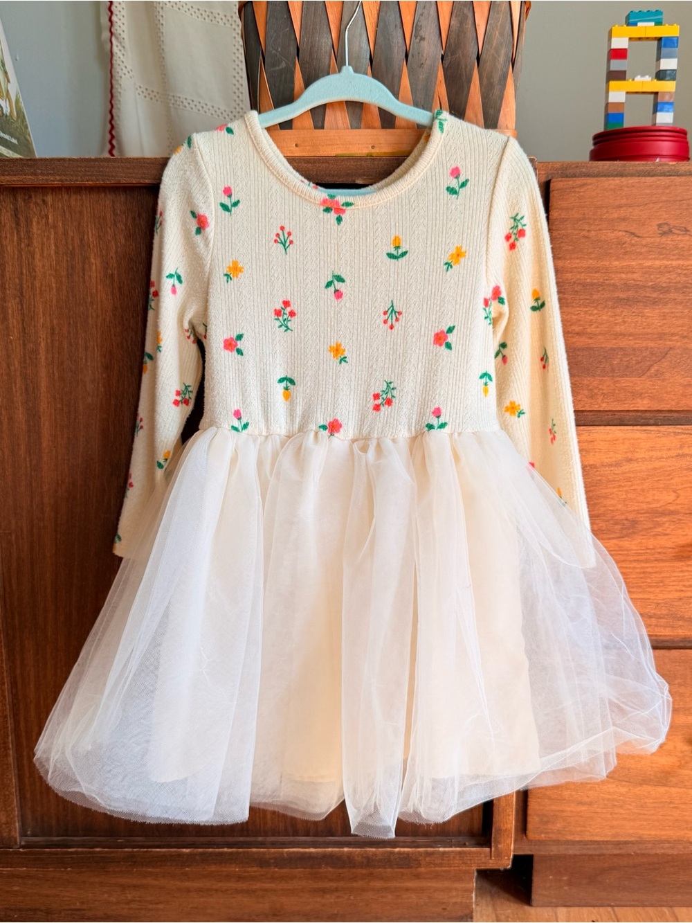 Cat & Jack Cream Floral Knit Dress with Tulle Skirt